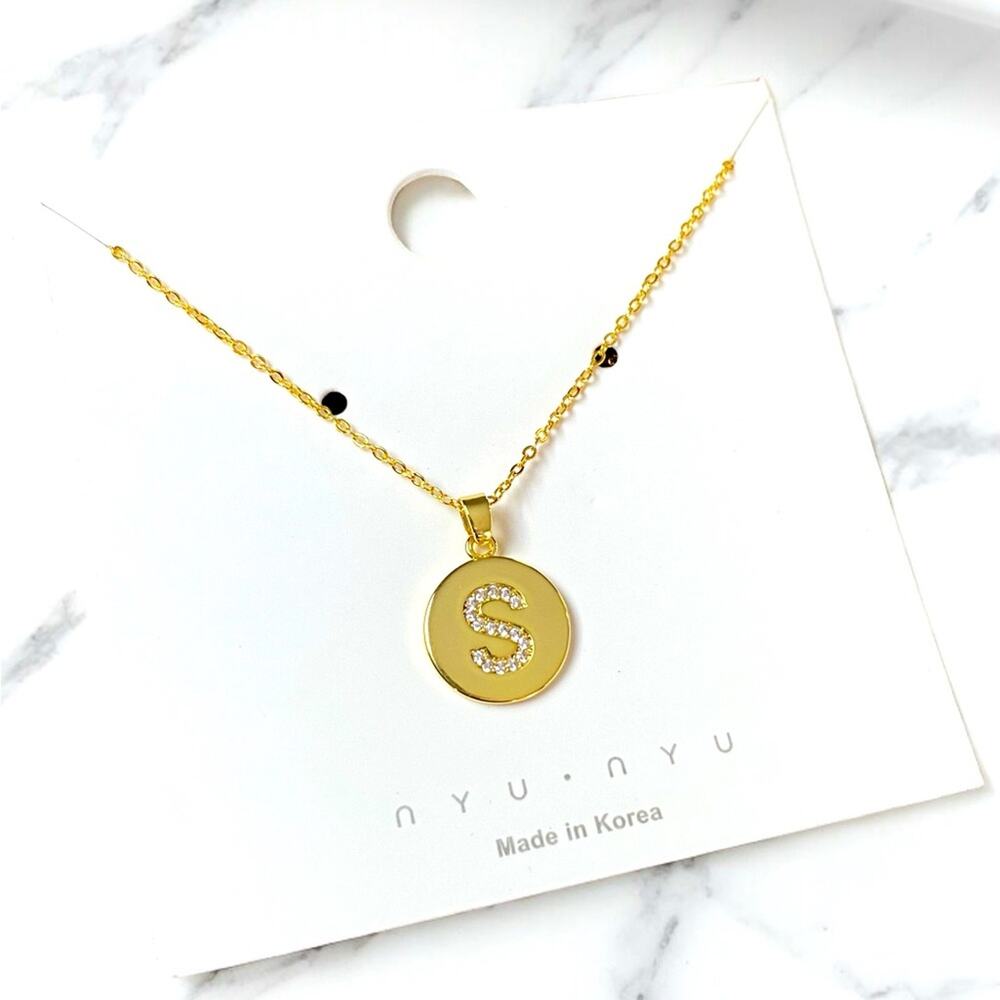 14k Gold & Cubic Zirconia Disc Initial Pendant “S” NEW